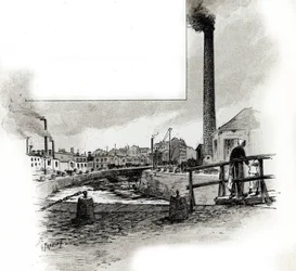 Uitzicht op de droge rivierbedding van het kanaal Saint-Martin tijdens de schoonmaakperiode Tekening door Gustave Fraipont (1849-1923) uit 