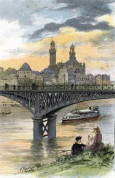 Uitzicht op de voetgangersbrug van Passy (nu brug van Bir Hakeim) in Parijs. Tekening door Gustave Fraipont (1849-1923) uit Saint-Juirs