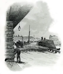 Uitzicht op de hangars van de haven van La Villette in Parijs Tekening door Gustave Fraipont (1849-1923) uit 
