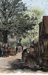 Uitzicht op het nieuwe magazijn in de Rue Laroche, Bercy, Parijs Tekening door Gustave Fraipont (1849-1923) uit 