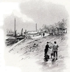 Uitzicht op de oevers van de Seine en quai Saint-Bernard, Parijs Tekening door Gustave Fraipont (1849-1923) uit 