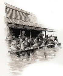 Wasvrouwen aan de quai de Valmy, oevers van het kanaal Saint-Martin, Parijs. Tekening door Gustave Fraipont (1849-1923) uit 