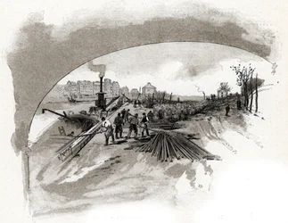 Lossen van ijzer op de quai Saint-Bernard in Parijs Tekening door Gustave Fraipont (1849-1923) uit 