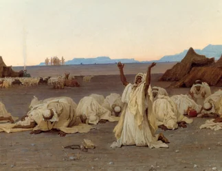 Avondgebed in de Sahara. Detail van het Toearegkamp. Schilderij van Gustave Achille Guillaumet (1840-1887), 1863. Afmetingen 1,3x2,8 m. Parijs, Musée d