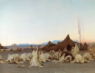 Avondgebed in de Sahara. Detail van het Toearegkamp. Schilderij van Gustave Achille Guillaumet (1840-1887), 1863. Zon. 1,3x2,8 m. Parijs, Musée d