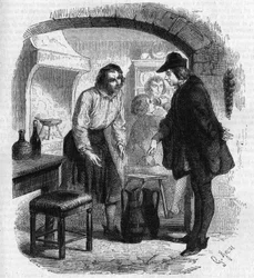 De dichter François Villon (1431-1463) die een fles wijn terugvindt. Gravure door Gustave Janet