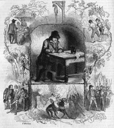 De dichter François Villon schrijft zijn testament omringd door verschillende episodes uit zijn leven. Gravure door Gustave Janet