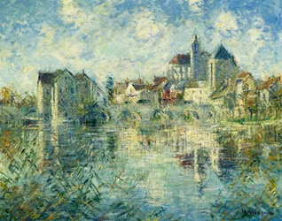 Moret-sur-Loing, de brug en de kerk, ca. 1935
