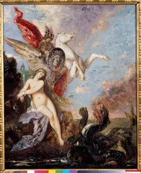 Andromeda, geketend aan een rots, wordt bevrijd door Perseus. Schilderij van Gustave Moreau (1826-1898)