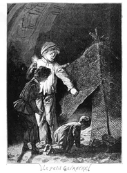 Gavroche en zijn twee broers in de Bastille-olifant, illustratie uit «Les Misérables» (1845-62) van Victor Hugo (1802-85), ca. 1885