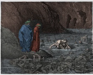 Inferno, Canto 32: Ugolino knaagt aan het hoofd van aartsbisschop Ruggieri, illustratie uit De Goddelijke Komedie van Dante Alighieri, 1885