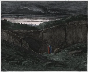 Inferno, Canto 3: Vergilius en Dante bij de poorten van de hel, illustratie uit De Goddelijke Komedie van Dante Alighieri, 1885 (digitaal ingekleurde gravure)