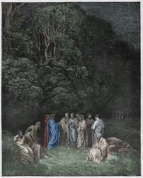 Inferno, Canto 4: Homerus, de dichters en helden in Limbo, illustratie uit De Goddelijke Komedie van Dante Alighieri, 1885 (digitaal ingekleurde gravure)