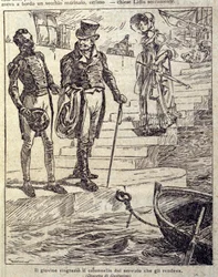 De jonge man bedankte de kolonel voor zijn dienst... Illustratie van de nieuwe "Colomba" geschreven door Prosper Merimee. Gravure door Gustavino (Gustavo Rosso), circa 1915