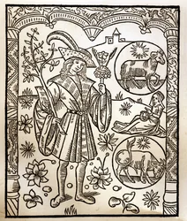 Herderkalender - De Arbeid van de Maanden - April - Houtsnede uit het boek van 1496 gedrukt door Guy Marchant (Guido Mercator) in Troyes - Houtsnede in 