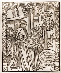 Herderkalender - De Arbeid van de Maanden - Februari - Houtsnede uit het boek van 1496 gedrukt door Guy Marchant (Guido Mercator) in Troyes - Houtsnede in 