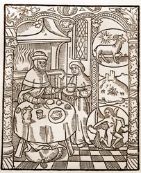 Herderkalender - De Arbeid van de Maanden - Januari - Houtsnede uit het boek van 1496 gedrukt door Guy Marchant (Guido Mercator) in Troyes - Houtsnede in 