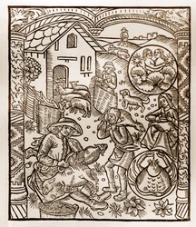Herderkalender - De Arbeid van de Maanden - Juni - Houtsnede uit het boek van 1496 gedrukt door Guy Marchant (Guido Mercator) in Troyes - Houtsnede in 