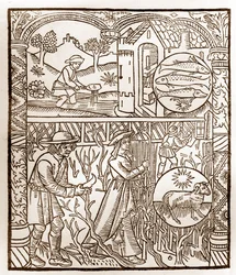 Herderkalender - De Arbeid van de Maanden - Maart - Houtsnede uit het boek van 1496 gedrukt door Guy Marchant (Guido Mercator) in Troyes - Houtsnede in 