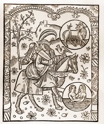 Herderkalender - De Arbeid van de Maanden - Mei - Houtsnede uit het boek van 1496 gedrukt door Guy Marchant (Guido Mercator) in Troyes - Houtsnede in 