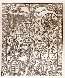 Herderkalender - De Arbeid van de Maanden - Oktober - Houtsnede uit het boek van 1496 gedrukt door Guy Marchant (Guido Mercator) in Troyes - Houtsnede in 