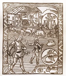 Herderkalender - De Arbeid van de Maanden - September - Houtsnede uit het boek van 1496 gedrukt door Guy Marchant (Guido Mercator) in Troyes - Op de voorgrond, boeren zaaien uit de hand - Houtsnede in 