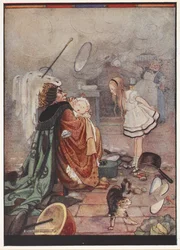Een chaotische keukenscène met de hertogin die een als baby verklede varken draagt en met Alice praat terwijl de kok keukengerei gooit.