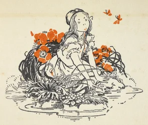 Illustratie van Alice naast een vijver omringd door klaprozen en vlinders