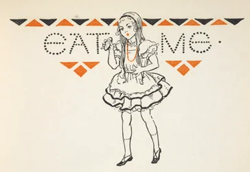 Illustratie van Alice met een klein taartje met de woorden 