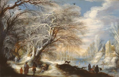 Schaatsers op een kanaal of, Winterlandschap