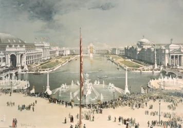 De Wereldtentoonstelling van Chicago, kijkend naar het oosten vanaf de MacMonnies Fontein naar het Hof van Eer en de Grote Kom, Chicago, Illinois, 1893