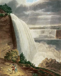 Niagara Falls, deel van de Amerikaanse waterval vanaf de voet van de trap, gegraveerd door J. Hill, uitgegeven door H.L. Megarcy (kleurengraving)