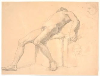 Studie van mannelijke, naakte, achteroverleunende model. Rechts twee portretkoppen, een mogelijk Constantin Hansen
