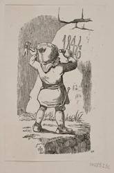 Een kabouter hakt het jaartal 1846 in een rots