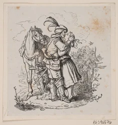Een ruiter kust een jong meisje