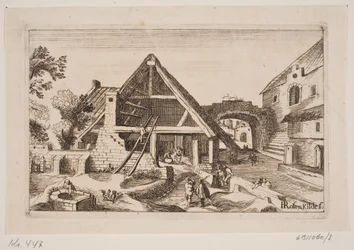 Stadsinterieur met schuur en de geboorte van Jezus