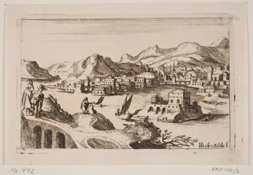 Kustlandschap met oosterse gebouwen