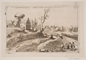 Landschap met kapel met een klein kruis op de gevel