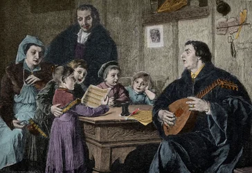 Maarten Luther (1483-1546) te midden van zijn familie (gravure naar H Stelzner)