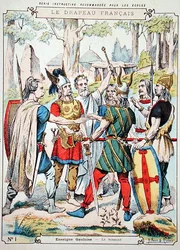Gallische krijgers die een eed afleggen, van een beschermhoes voor schoolboeken, eind 19e eeuw (kleur litho)