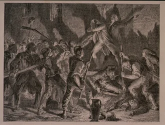 Het Bloedbad in de Gevangenissen in September 1792, gegraveerd door Jean-Baptiste Charles Carbonneau (geb. 1815)