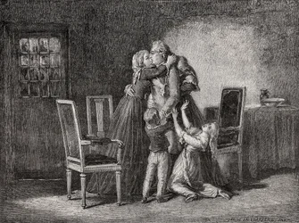 Het laatste afscheid van de koninklijke familie, 20 januari 1793, gegraveerd door Carbonneau, uit 