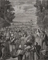 De vrouwen marcheren naar Versailles, 5-6 oktober 1789, gegraveerd door Pannemaker-Ligny, uit 