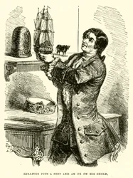 Gulliver zet een schip en een os op zijn plank (gravure)
