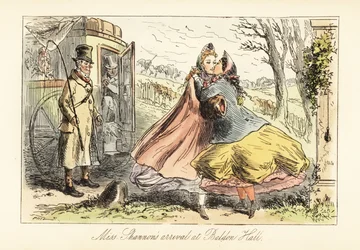 Dames in crinolines omhelzen elkaar voor een poort