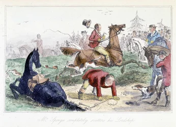Jager valt van zijn paard. Engelse cartoon uit de avonturen van Thomas Scott of Hawbuck Grange", illustratie door H.K. Browne en W.T. Maud.