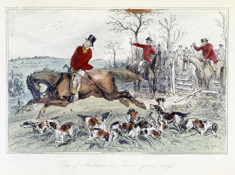 Jachtscène in "De avonturen van Thomas Scott", illustratie door H.K. Browne en W.T. Maud; Engelse cartoon over vossenjacht.