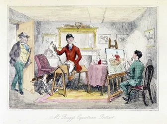 Schilder realiseert het ruiterportret van meneer Bragg in "De avonturen van Thomas Scott", illustratie door H.K. Browne en W.T. Maud. Engelse cartoon over vossenjacht.