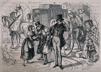 Een jonge vrouw verzorgt een man die er ziek uitziet, terwijl mensen uit het huis in het rijtuig stappen. Houtgravure van Gray naar H. K. Browne.