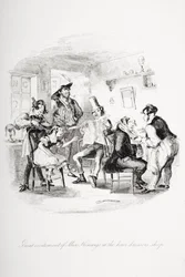 Grote opwinding van Miss Kenwigs in de kapperszaak, illustratie uit 
